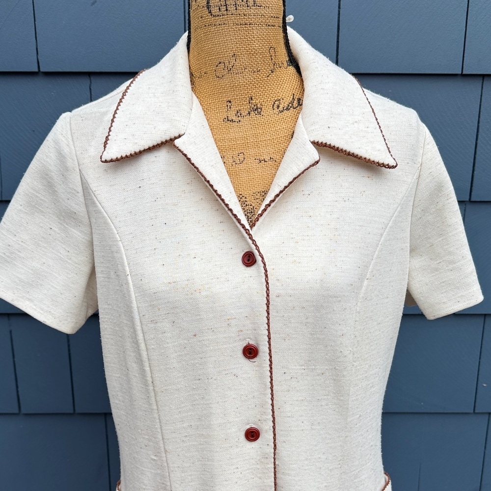 Vintage Cream Midi house Dress with brown accents speckled large 50’s - Picture 2 of 14